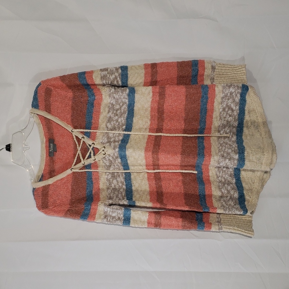 62%cotton Fisherman knit sweater Size Large. Coral cream blue stripes.